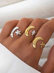 Bộ 3 chiếc/1 chiếc nhẫn hở bằng thép không gỉ kiểu cổ điển hình sao và trăng dành cho nữ, thích hợp đeo hàng ngày, quà tặng trang sức. - Nhiều màu - Xem 4