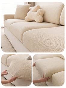 1件装毛绒提花防滑沙发坐垫套，柔软亲肤，防宠物抓挠，弹性沙发套，适用于L型组合沙发和1/2/3/4人座沙发（单独出售），四季皆宜。 - 米色 - 查看 7