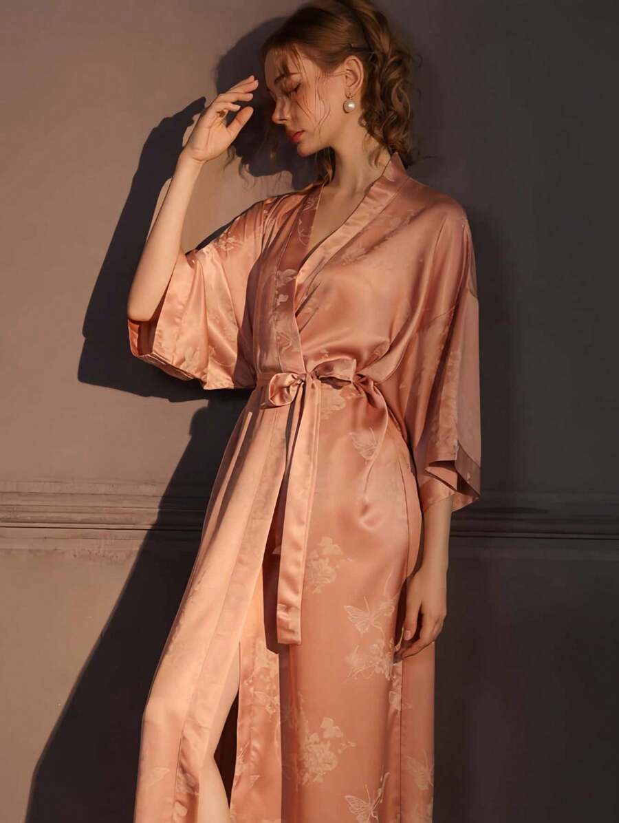 Jacquard Nightgown Women's Spring And Autumn Long Bathrobe Bath Skirt Ice Silk High-End Satin Loungewear Single Robe Can Be Worn Outside - HP16款-長袍 - 查看 1