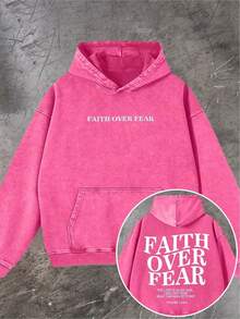 Men's Fashionable Autumn Washed Distressed Pocket Hoodie, Men's Vintage Washed Hooded Sweatshirt With Faith Over Fear Back Print - Y2K Streetwear Oversized Pullover, Pink & White Retro Lettering, Hip-Hop Campus Style, Loose Fit Casual Sweater For Men, All-Season Comfort, Machine Washable, Cordless Design With Front Pocket, Double-Sided Print, Relaxed Fit For Parties & Casual Attire, Sweatshirt For Men, Hoodie, Plus Size Hoodies For Men, Hoodie Jacket For Men, Thick Hoodies For Men - Street Fashion Outerwear - Màu Hồng Tươi - Xem 16