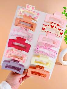 6/12pcs Multicolor Square Hair Clips, Heart Print Hair Accessories Set, Suitable For Girls Daily Wear, Birthday Party, Holiday Event, Beach, Or As A Beautiful Gift For Girlfriend And Best Friend - Multicolor - View 6
