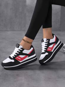 女士复古撞色简约圆头系带增高休闲运动鞋，透气学生平底舒适百搭运动鞋 - 黑與白 - 查看 5