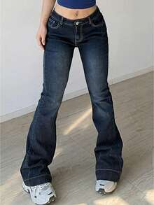 Women Y2K Low Rise Casual Denim Flared Pants Vacation Fashion Street Style With Pockets - Blue - View 2