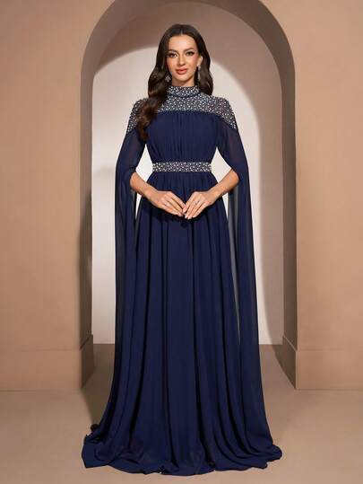 YISIKADO Women's Formal Evening Dress, Dignified And Elegant, Rhinestone Embellished High Collar, Slit Sleeves, Waist Belt, Chiffon Dress, Suitable For Wedding Guest, Formal Dinner, Graduation Ceremony, Holiday Celebration, Anniversary, Homecoming, Celebration Events, Concerts And Other Occasions Party
