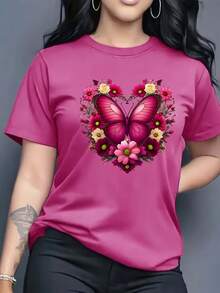 Women's T-Shirt, Elegant Style With Purple Butterfly Flower Cluster And Heart Print, Fresh And Eye-Catching, Suitable For Daily Wear, Loose Fit That Suits Various Body Types, Comfortable And Versatile Fabric. - màu xanh nhạt - Xem 7
