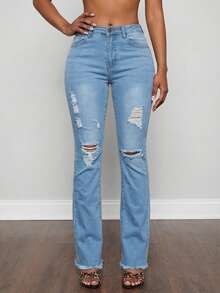 Jkorea Women's High Waisted Ripped Flare Jeans - Light Wash Distressed Bell Bottom Denim Spring Summer Aesthetic