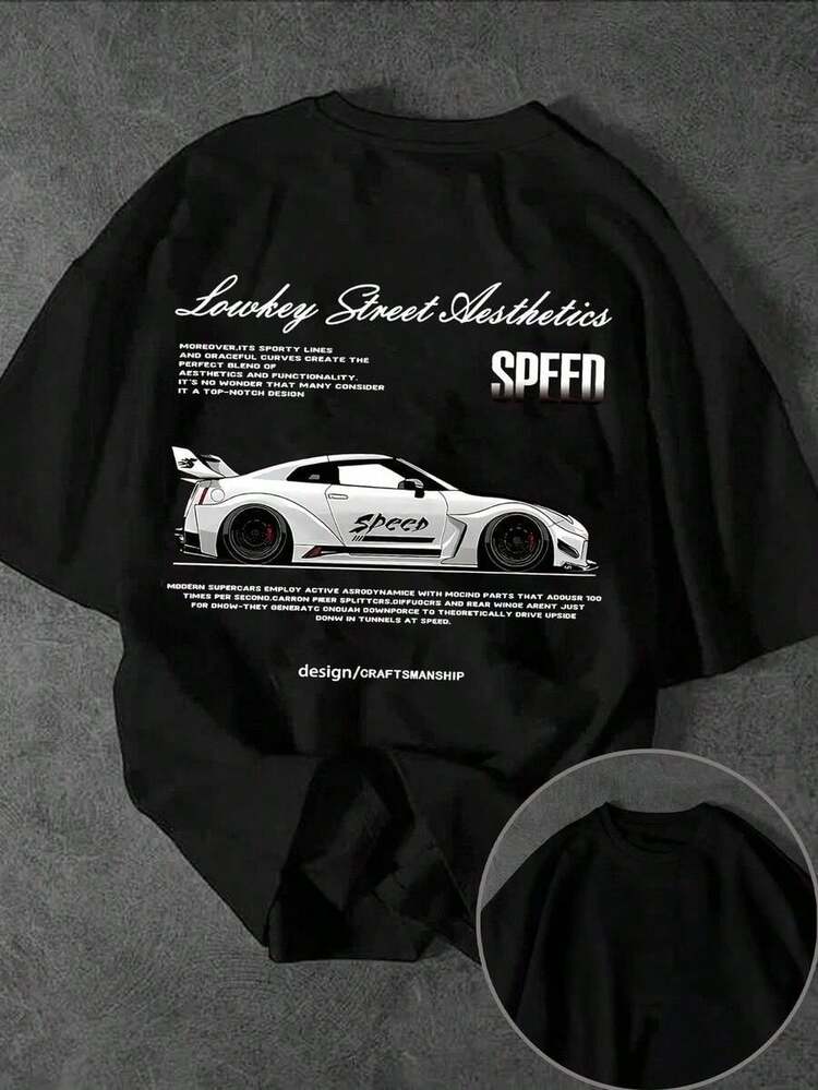 Camiseta de manga corta holgada y casual con cuello redondo, estampado de lema y coche de carreras para - Negro - Añade 6