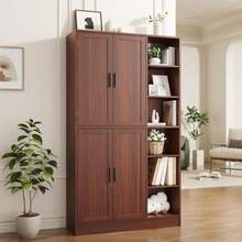 63" Tall White Kitchen Pantry Freestanding Storage Cabinet With 4 Doors Adjustable Shelves For Dining Room Laundry Room - Brown - View 7