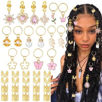 36 Pcs Pink Hair Charms Braids, Hair Clips Women, Pearl Rings Braids Accessories, Multi Style Loc Jewelry Women Fashion Styling