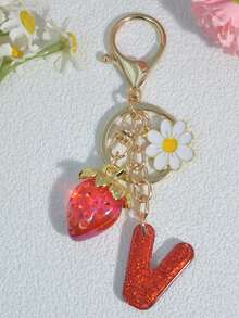 1 pezzo Portachiavi a forma di lettera con fragola rossa, ciondolo floreale carino, portachiavi minimalista per borsa, regalo per donne - Rosso - Visualizzare 21