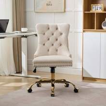 Modern Office Chair With Velvet Upholstery, Button Tufting And Gold Metal Base, Adjustable Swivel Chair, DE1923PK - Beige - View 3