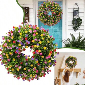 This Artificial Flower Wreath Is Decorated With Eucalyptus Leaves, Camellia Flowers, And Colorful Small Flowers. It Comes In Two Sizes. It Is An Ideal Choice For Valentine's Day Decoration. The Woven Flower Wreath Is Paired With Artificial Branches And Leaves, Full Of Greenery, Suitable For All Seasons, And Is The Perfect Choice For Spring And Summer Decoration.