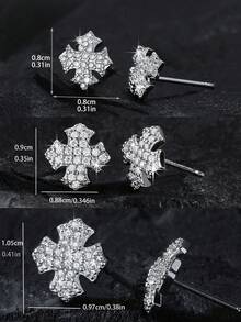 1 Pair/2pcs Punk Style Rhinestone Shield Stud Earrings, Geometric Cubic Zirconia Copper Plated, Unisex Fashion Earrings For Daily Wear And Parties, Suitable As Valentine's Day Or New Year Gift - Multicolor - View 5