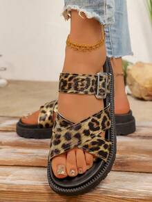 女士夏季新款时尚交叉绑带百搭凉鞋，朋克荒野风别致搭扣凉鞋，豹纹厚底拖鞋 - 豹紋 - 查看 6