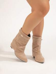 Women's Fashion Wide Width Faux Leather Tall Boots, Holiday Vacation Atmosphere, Folding Shaft, Chunky Heel, Black Sexy Outdoor High Heel Ankle Boots, Wide Leg High Heel Boots, Women Wide Calf Boots - Apricot-colored Short Cloth - View 5