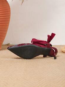 Mules femininas de renda com laço, bico fino, salto alto e sem calcanhar, confortáveis e elegantes, versáteis, perfeitas para eventos ao ar livre e festas. - Borgonha - Ver 7