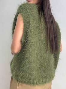 Fashionable Casual V-Neck Green Fine Velvet Knit Sweater - Dark Green - View 2