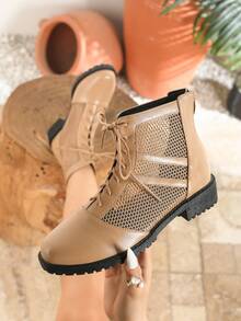 Women's Fashion Mesh Boots, Chunky Heel Apricot Sandals, New Spring/Summer Buckle Closure Back Zipper Bohemian Lace-Up Hollow-Out Four Seasons Sandals, Round Toe Strappy Roman Shoes, Casual Vacation Party Event Comfortable Plus Size Breathable Ankle Boots, Mid-Heel Mesh Shoes - Apricot - View 2