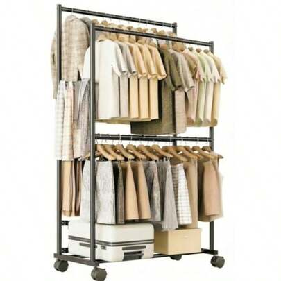 Perchero de ropa resistente - 105 cm x 55 cm x 195 cm Perchero de metal con 4 barras dobles y ruedas para colgar ropa, portátil para dormitorio, lavandería, armario Negro