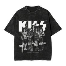Harajuku Washed Shirts KISS Rock N Roll All Nite Band Outfit Novelty T-Shirts Harajuku Streetwear Cotton Graphic Printed Tees - màu đen - Xem 1