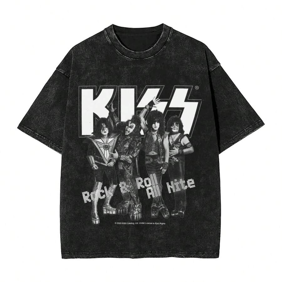 Harajuku Washed Shirts KISS Rock N Roll All Nite Band Outfit Novelty T-Shirts Harajuku Streetwear Cotton Graphic Printed Tees - màu đen - Xem 1