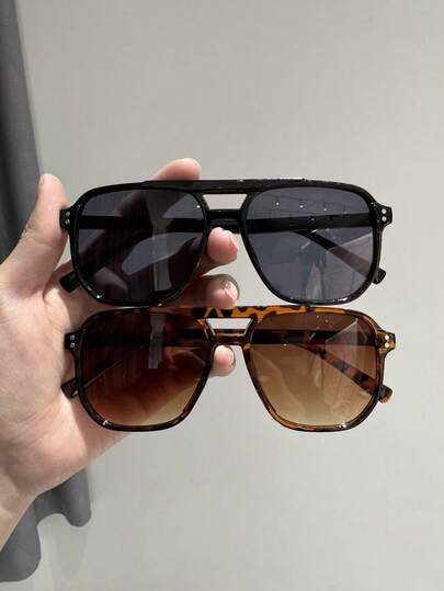 2pcs Plastic Material, High-End Unique Dual-Beam Geometric Design Women's Glasses Sets, Suitable For Street Photography, Tropical Beach Vacation, Ideal Holiday Gift And Beach Accessory