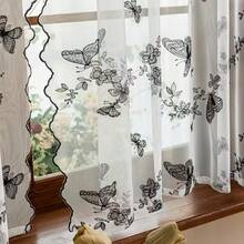 1pc Floral & Butterfly Embroidered Breathable Curtain, Rod Pocket Style, Suitable For Living Room, Bedroom, Balcony, Kitchen Decor