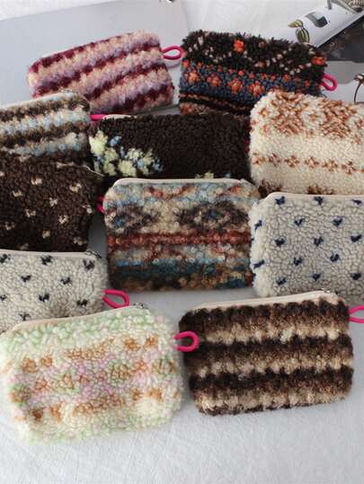 Plush Coin Purse Mini Lipstick Makeup Bag Portable Bluetooth Earphone Storage Pouch Card Holder Wallet