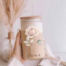 1pc Personalized Floral & Name Glass Cup With Bamboo Lid, Customized 550ml/18.7oz Coffee/Tea/Water Cup With Straw And Straw Cleaning Brush. A Thoughtful Gift For Family And Friends, 1pc, Beautifully Decorated, Fashionable And Minimalist, Modern Customized, Suitable For Graduation, Wedding, Living Room, Bedroom, Office, Tea Room, Home, Kitchen, Great For Gifting On Christmas, Valentine's Day, Thanksgiving And Other Occasions - Multicolor - View 9