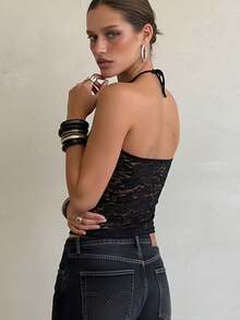 Women Sheer Lace Halter Tops Slim Fit Flower Sleeveless Open Back Crop Shirts  Summer Streetwear - màu đen - Xem 7