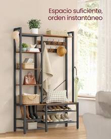 Entryway Coat Rack With Shoe Bench And 5 Storage Shelves, 9 Clothes Hooks And 6 Side Hooks, 40 X 120 X 190 Cm, Rustic Brown And Ink Black HSR426B01 - 復古棕色 + 墨黑色 - 查看 3