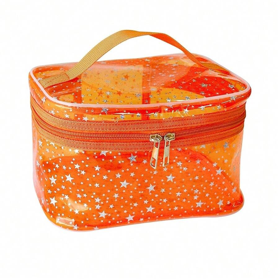 Holographic Star Design Orange Makeup Bag With Handle 8.66 X 5.51 X 5.51 Inch,Clear Storage Bag Toiletry Pocket Portable Zippered Pouch Waterproof Cosmetic Organizer Bags For Women(Orange-L) - 橙色-L - 查看 1
