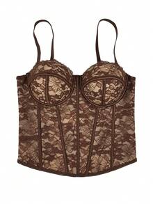 Áo corset kiểu bustier viền ren hoa dành cho nữ, thanh lịch và thoải mái cho mùa hè. - màu nâu - Xem 4