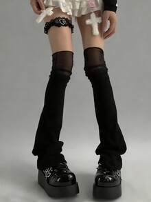1 Pair Spring/Autumn New Korean Style Mesh Ballerina Patchwork Leg Warmers, Light Gray/White/Black Knitted Flared Leg Warmers, Y2K Subculture Hot Girl White Thigh High Leg Warmers - Multicolor - View 15