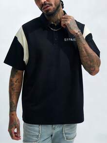 男士撞色领 Polo 衫，纽扣设计，短袖，字母印花，美式休闲街头风，可机洗，适合日常出行、通勤、户外穿着 - 黑色 - 查看 2