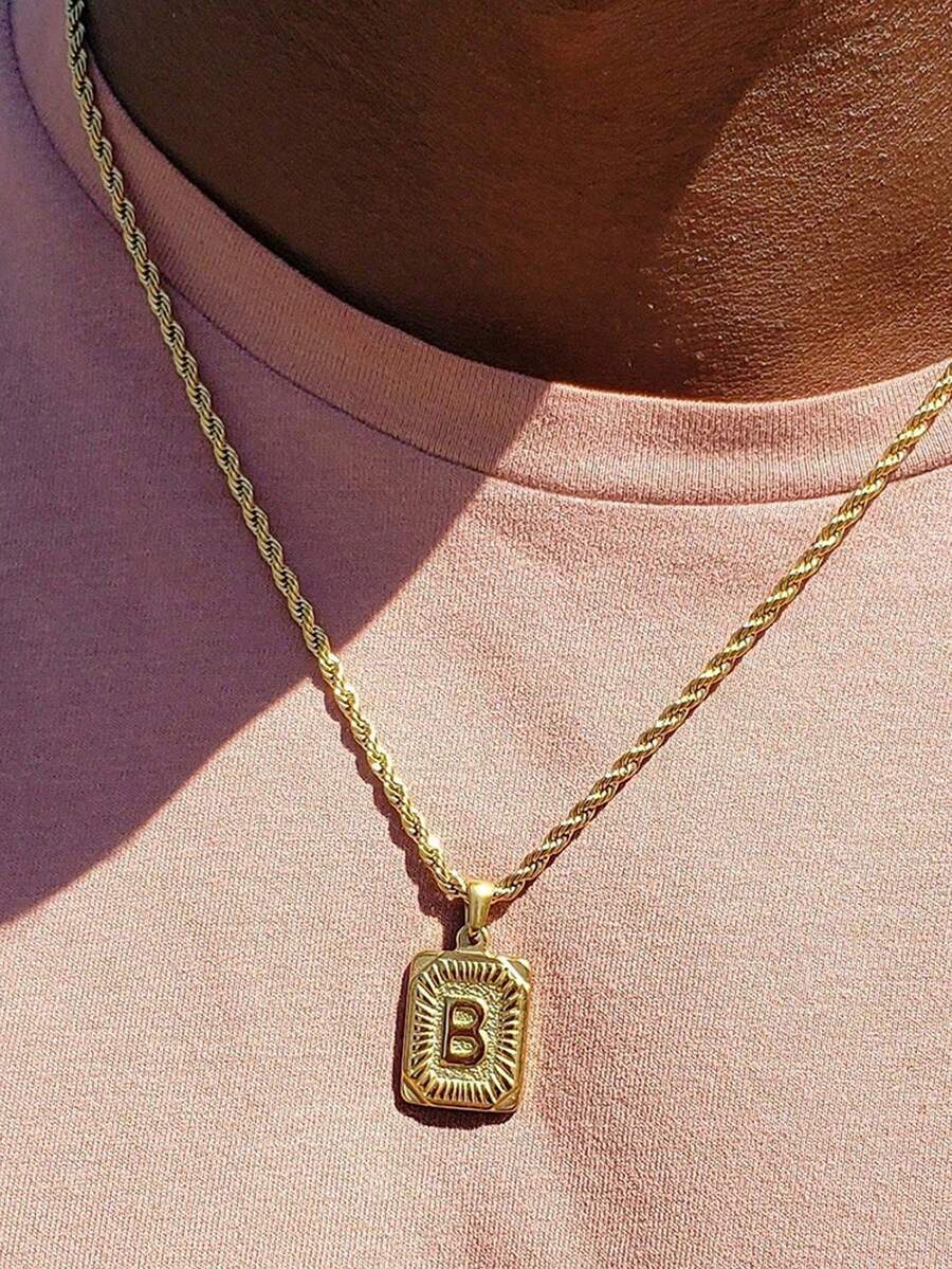 1pc Titanium Steel 26 Initial Letter Necklace, Geometric Hip Hop Style Pendant, Personalized Name Necklace, Suitable For Boyfriend Birthday/Valentine's Day Gift - Yellow Gold - View 1
