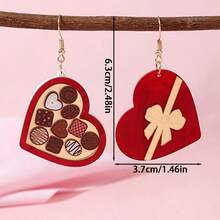 1 Pair Of Daily Fun Chocolate Heart-Shaped Jewelry Box Earrings With Acrylic Color Printing And Creative Bow-Shaped Heart Jewelry Box. Asymmetrical Earrings. Valentine's Day Gift For Your Girlfriend. Women's Stylish Drooping Earrings. Acrylic Material. Gift For Girlfriend At Valentine's Day Party, Vacation. - 紅色 - 查看 4