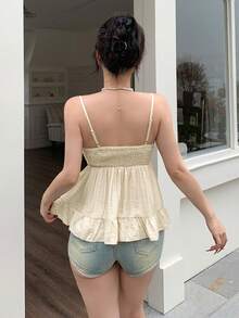 Apricot Sexy Front Twist Spaghetti Strap Ruffle Backless Loose Sweet Camisole, Made Of Textured Fabric, Casual, Office, Beach Vacation Wear, Young Fashion Spring/Summer New - Light Apricot - View 2