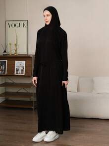 1 pezzo Vestito lungo nero minimalista taglie forti, abbigliamento quotidiano comodo per donna, tessuto morbido con design con cappuccio, adatto al comfort e al codice di abbigliamento religioso, adatto per uscite quotidiane, occasioni di svago, vita regolabile per diverse fisicità, stile minimalista facile da abbinare con le scarpe, accessorio pratico essenziale per donna, adatto per l'uso quotidiano e le occasioni festive, elegante primaverile - nero - Visualizzare 2