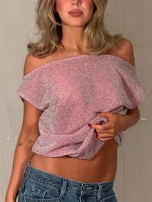 Women's Off Shoulder Tops Y2k Sparkly Shiny Sheer See Through Knit Crop Tops Solid Color Sleeveless Shirt Tops Summer Going Out Tops Daily Casual Streetwear - 粉色 - 查看 2
