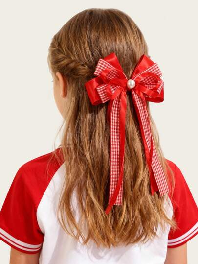 1pc Girls' Versatile Casual School Style Dual-Tone Plaid Ribbon Bow Hair Clip, Back To School Season