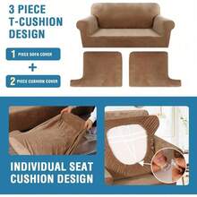 Trugenix-Sofa Cover 2 Piece T Cushion Armchair Slipcovers Velvet Couch Cover Furniture Protector Stretch T Cushion Sofa Covers For 1 Cushion Couch With 1 Individual T Cushion Covers, Deep Teal-GP - 駝色 - 查看 11