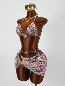 Conjunto de traje de baño de 3 piezas de 2026 con pantalón, falda con doble nudo en la cintura y estampado floral de leopardo, decoración de flores de metal para mujeres en vacaciones de verano, playa y resort, estampado de leopardo marrón - Multicolor - Ver 1