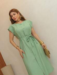 Women's Midi Shirt Dress With Front Buttons And Waistband, Front Slit (Solid Colors) GLORIA W&Y - 綠色 - 查看 3