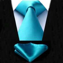 1 Set Men Solid Color 8cm Necktie And Pocket Square Set, Satin Tie And Handkerchief Set, Business Necktie And Pocket Square Men Necktie - Mint Blue - View 1
