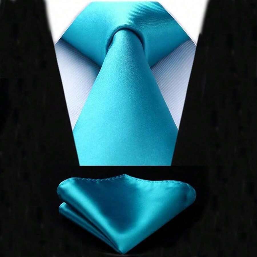 1 Set Men Solid Color 8cm Necktie And Pocket Square Set, Satin Tie And Handkerchief Set, Business Necktie And Pocket Square Men Necktie - Mint Blue - View 1