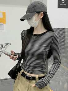 女士修身条纹优雅长袖打底衫上衣，休闲春季款 - 灰色 - 查看 2