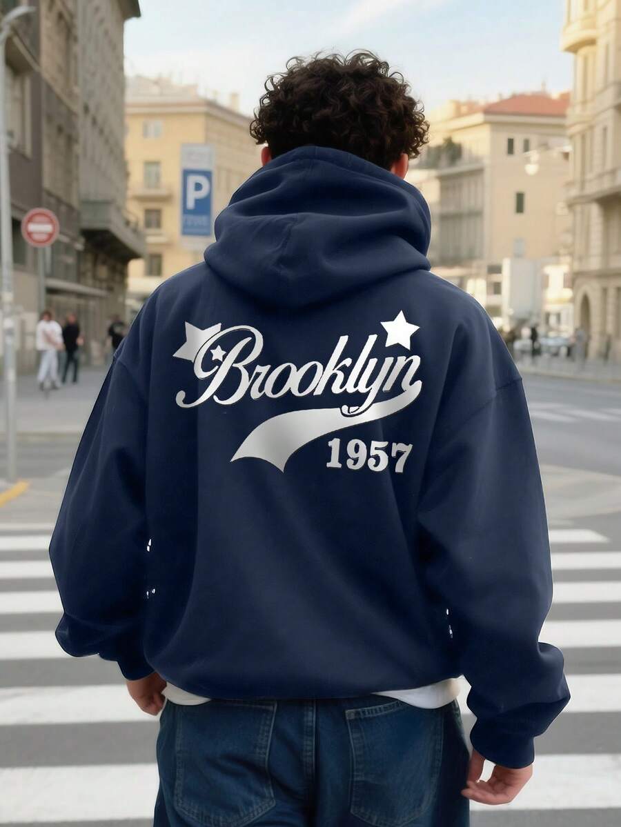 Men's Fashionable Casual Brooklyn Letter Print Design Hooded Sweatshirt, Suitable For Spring And Autumn