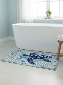 1pc Sea Turtle Pattern Anti-Slip Bath Mat - Faux Sherpa Material, Blue & White Ocean Design, Machine Washable, Suitable For Bathroom, Kitchen And Holiday Decor, Ideal Gift, Bathroom Rug - Multicolor - View 1