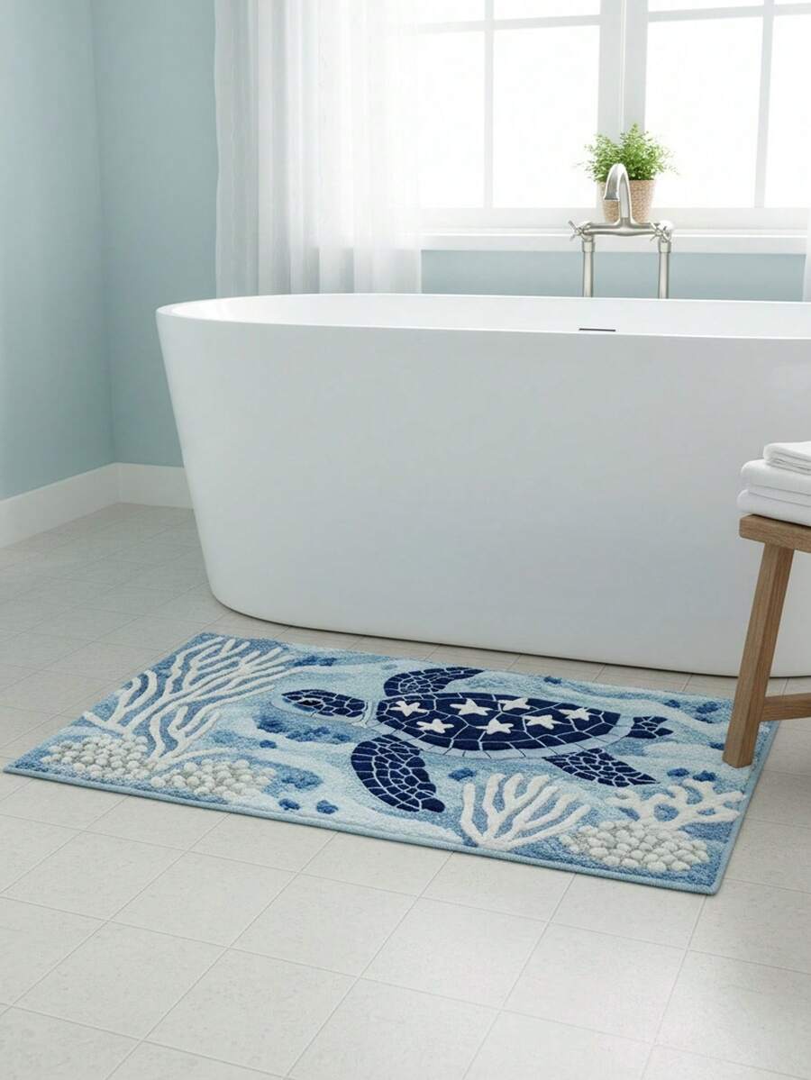 1pc Sea Turtle Pattern Anti-Slip Bath Mat - Faux Sherpa Material, Blue & White Ocean Design, Machine Washable, Suitable For Bathroom, Kitchen And Holiday Decor, Ideal Gift, Bathroom Rug - Multicolor - View 1